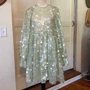 ASOS EDITION SEQUINED SHEER PART DRESS SZ 0 OVERSIZED MINT GREEN GOLD THREADING